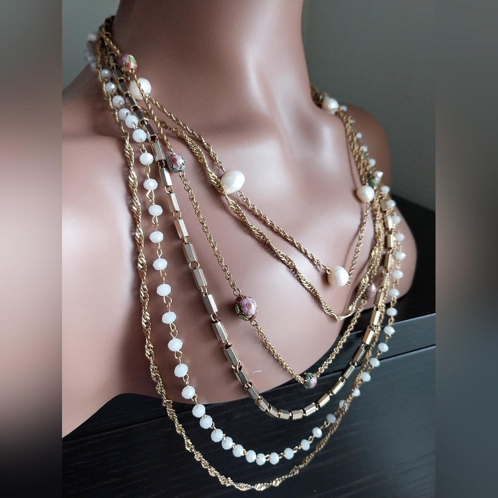 Multi-Layered Gold & Pearl Necklace - Picture 2 of 13